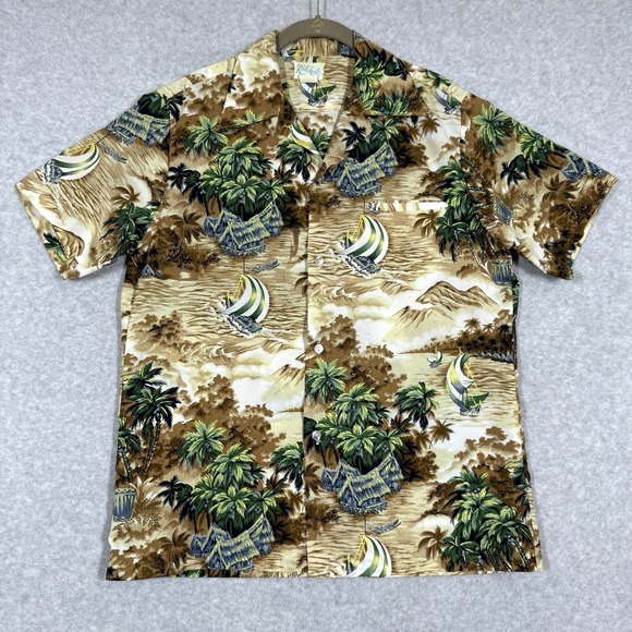 Vintage Kole Kole Hawaiian Shirt Men Medium Sailboat Grass Hut Volcano Retro 60s - Picture 1 of 13